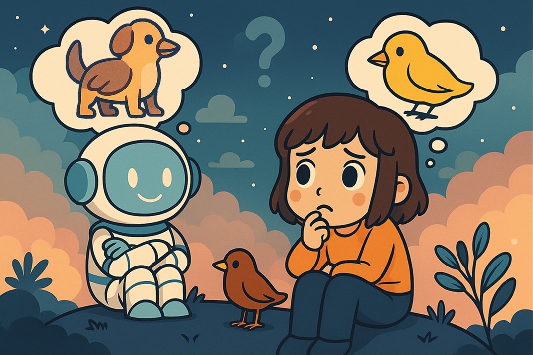 AIロボットのチャッピーと、中性的な人物ふめりんが並んで座っており、チャッピーは犬、ふめりんは鳥を思い浮かべている。両者の間には実際の鳥がいて、AIが破滅的忘却によって誤認識している様子を表しているイラスト。
