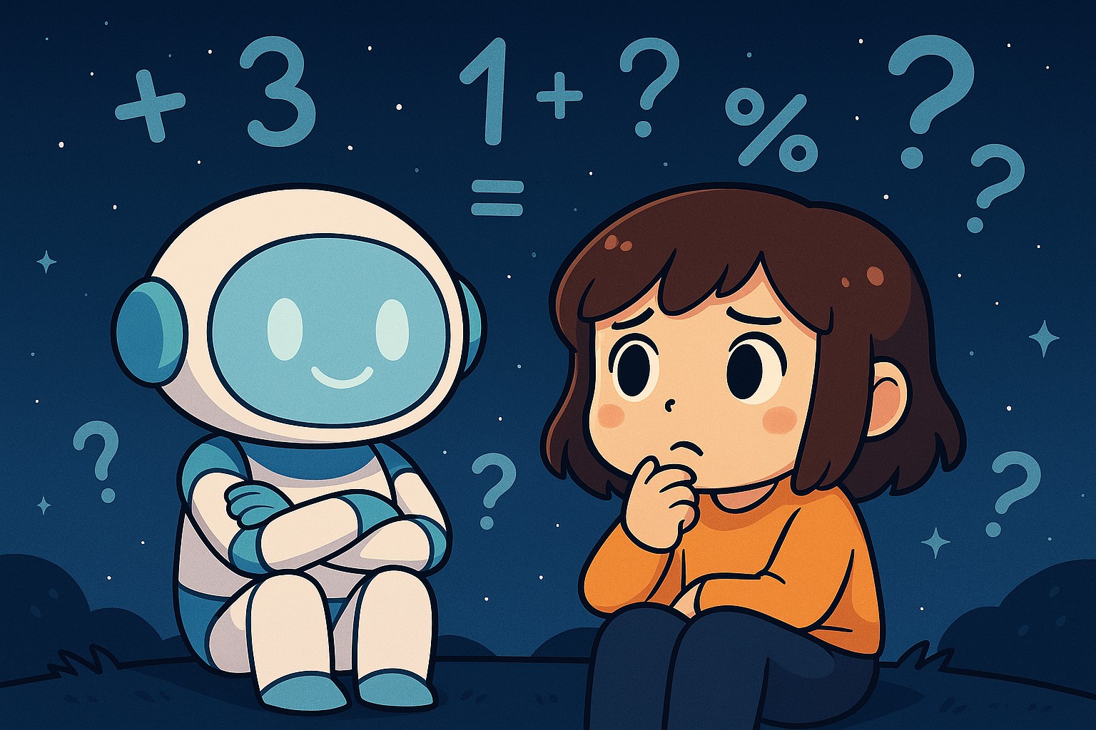 ChatGPTの仕組みを考えるふめりんとAIロボットのチャッピーが星空の下で考え込んでいるイラスト。頭上には確率や数式を表す記号が浮かび、AIの思考プロセスを象徴している。
